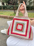 Handmade Crochet Granny Square Tote Bag: Boho Shoulder Bag with Leather Handles